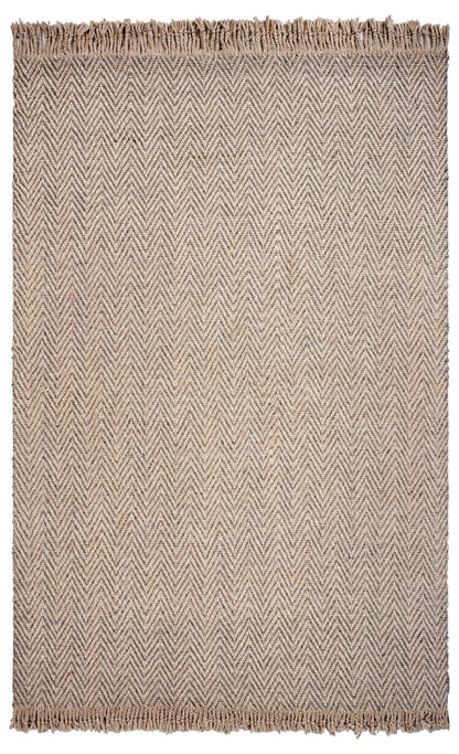 Beige and brown wool woven rug with a zigzag pattern on a white background