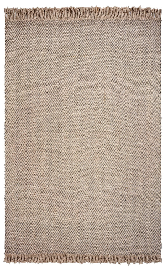 Beige and brown wool woven rug with a zigzag pattern on a white background