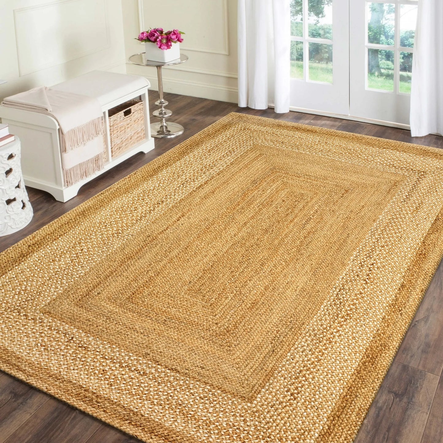 overhead room vignette with classic tan bordered jute rug