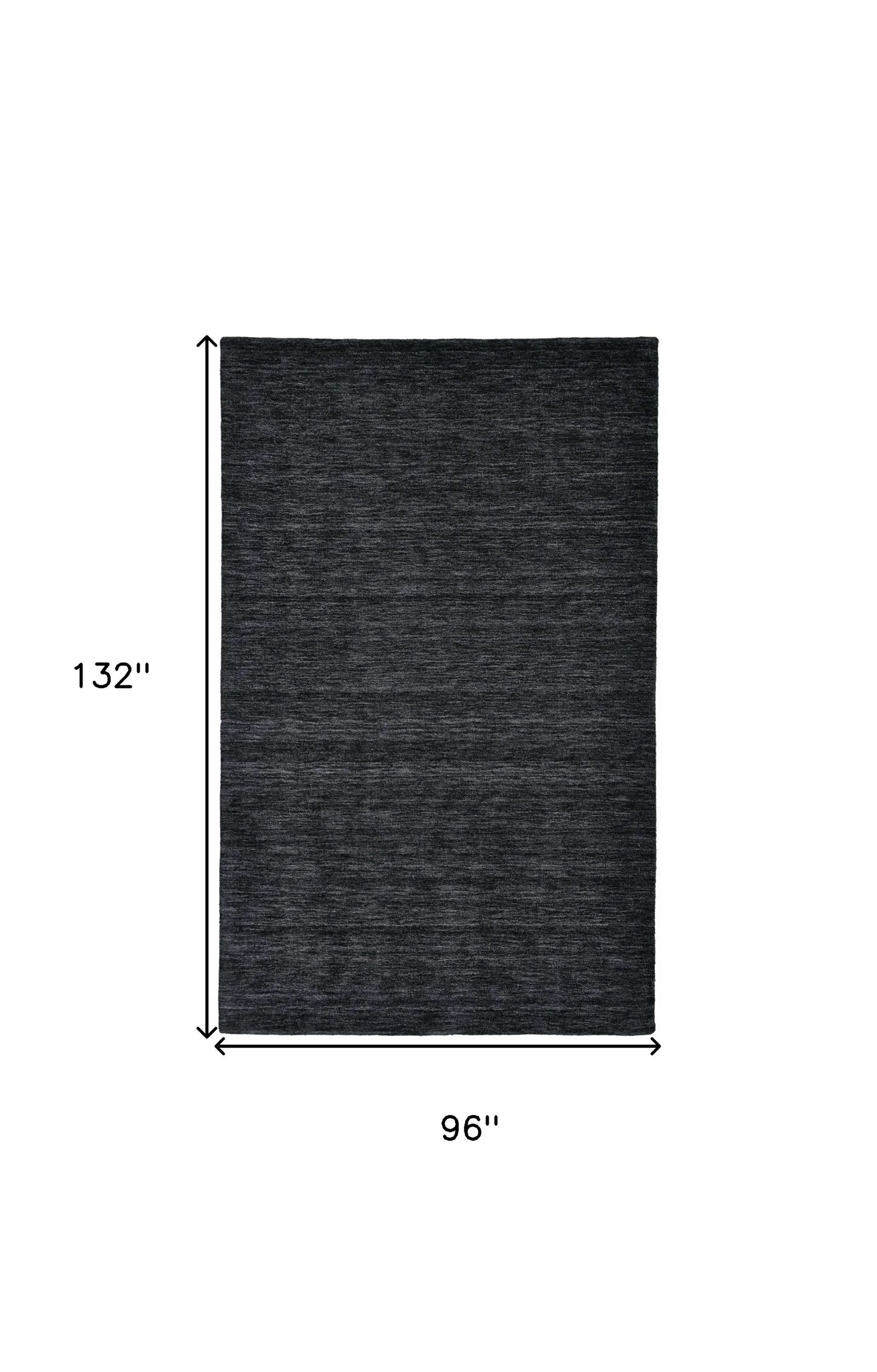 Black wool rug with dimensions labeled on a white background
