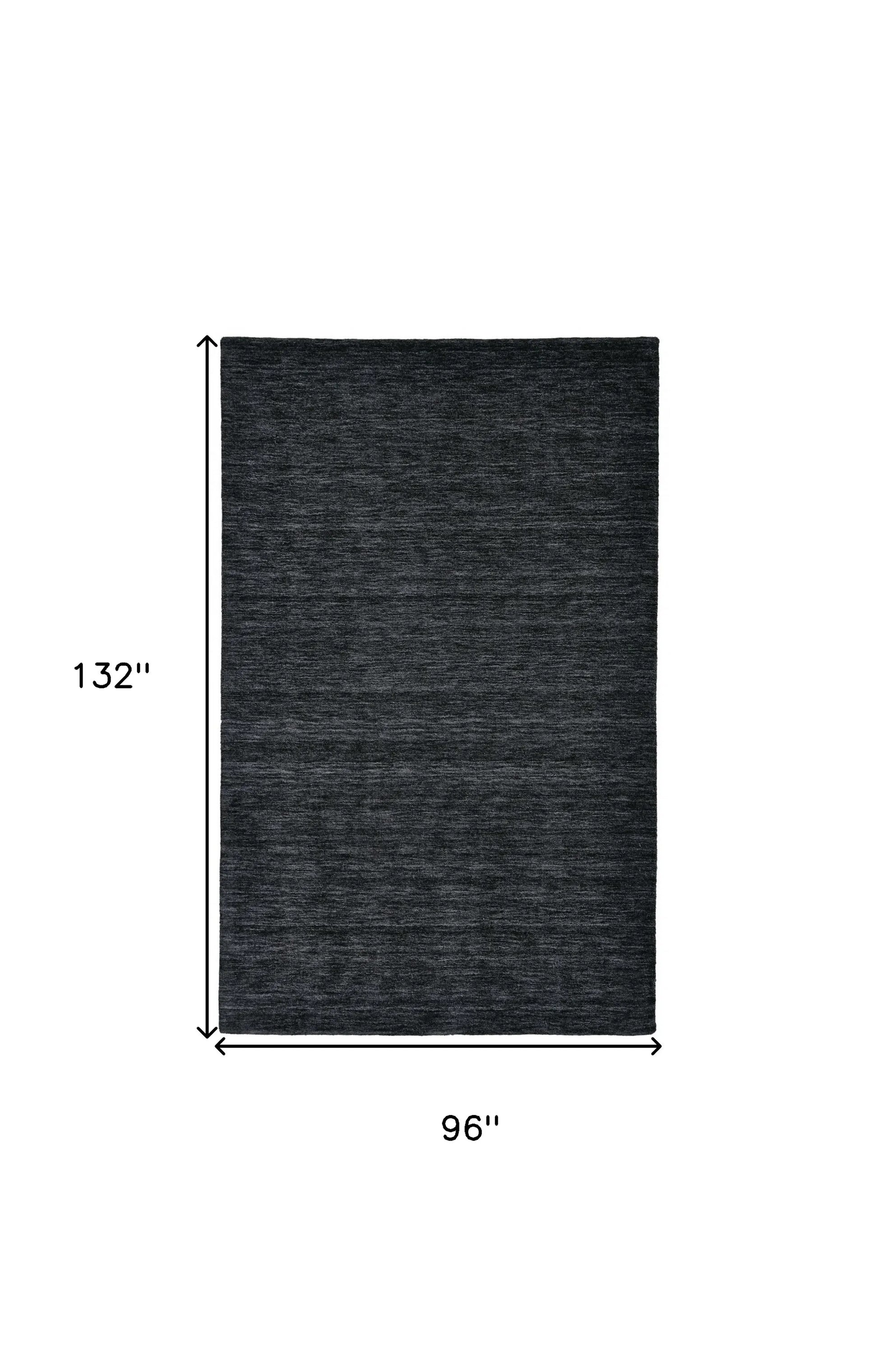 Black wool rug with dimensions labeled on a white background