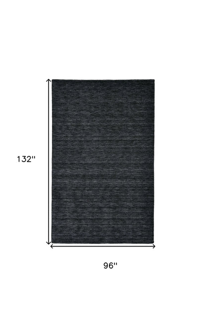 Black wool rug with dimensions labeled on a white background