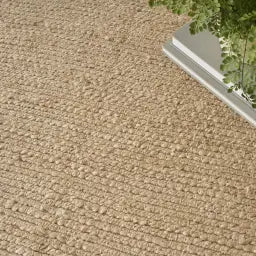 Close-up of a textured natural jute rug with books and a plant on it