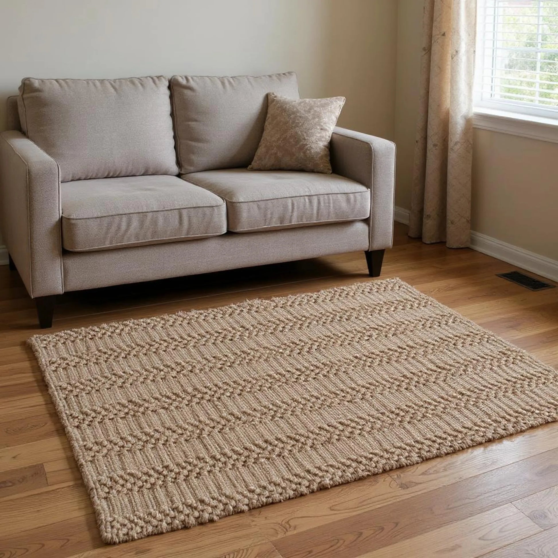 Beige sofa with a textured jute rug on a wooden floor in a room with a window.
