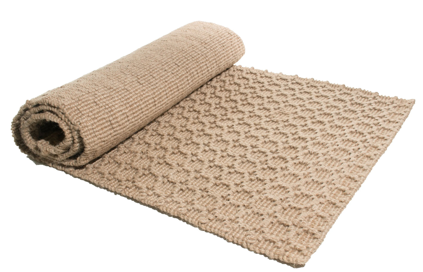 Beige textured jute rug rolled out on a white background