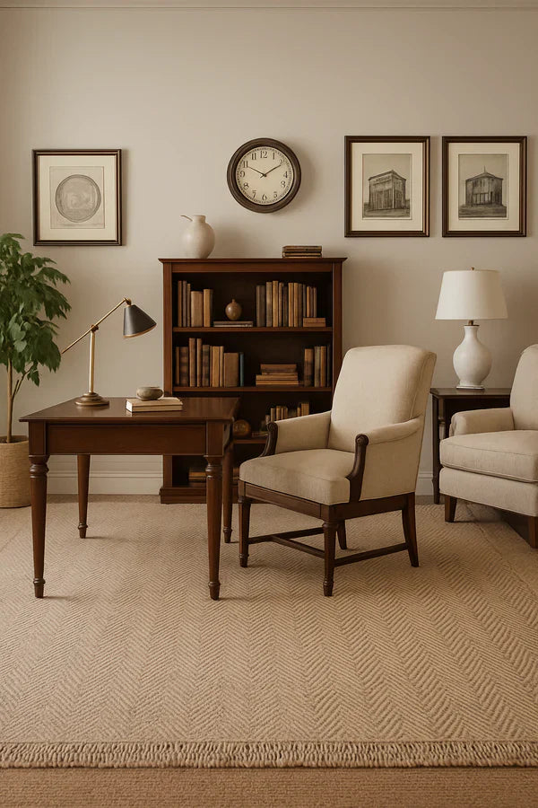 Living room with wooden desk, armchair, bookshelf, and framed pictures on a beige wall.