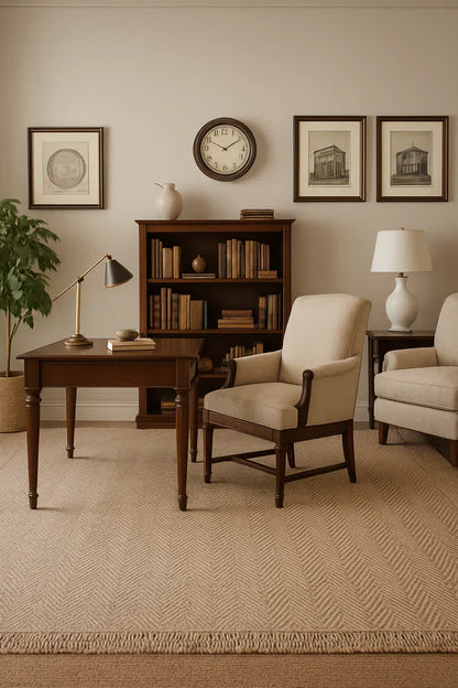 Living room with wooden desk, armchair, bookshelf, and framed pictures on a beige wall.