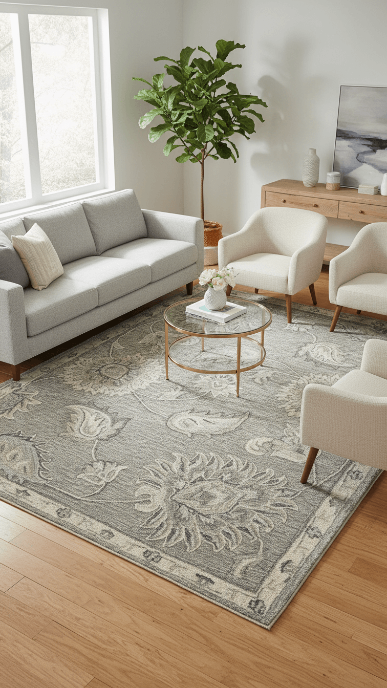 Living room with a gray floral-patterned wool rug, beige sofa, and white chairs.