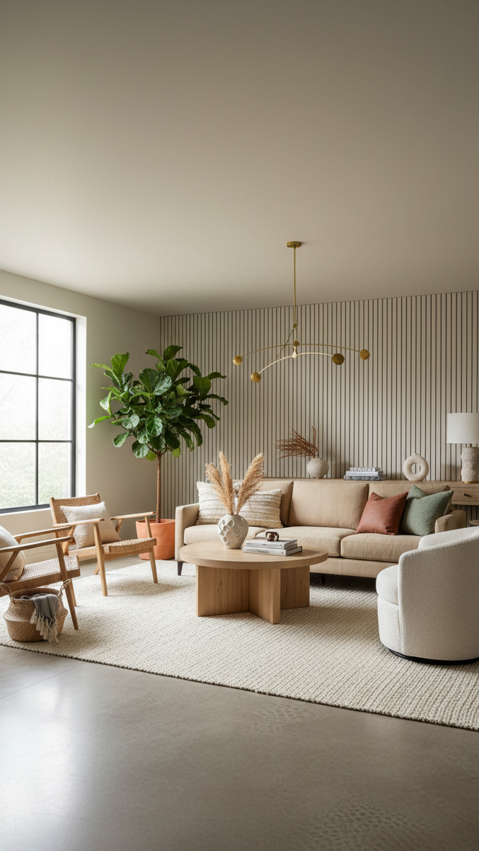Modern living room with beige sofa, wooden coffee table, decorative plants and an ivory jute rug