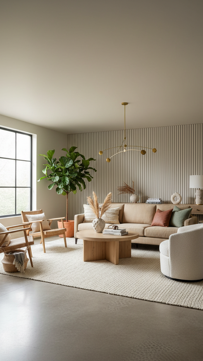 Modern living room with beige sofa, wooden coffee table, decorative plants and an ivory jute rug