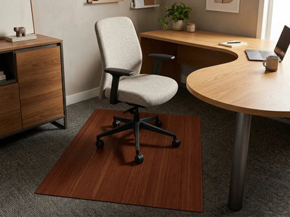 home office with light wood desk, tan office chair and dark bamboo office chair mat