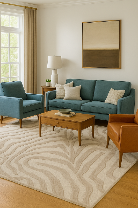 Modern living room with teal sofa, armchairs, wooden coffee table and beige wool zebra pattern rug.