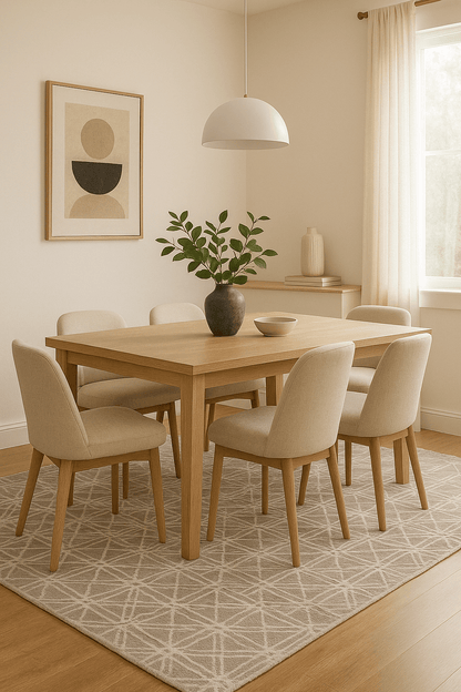 Dining room with wooden table and chairs on a patterned wool rug