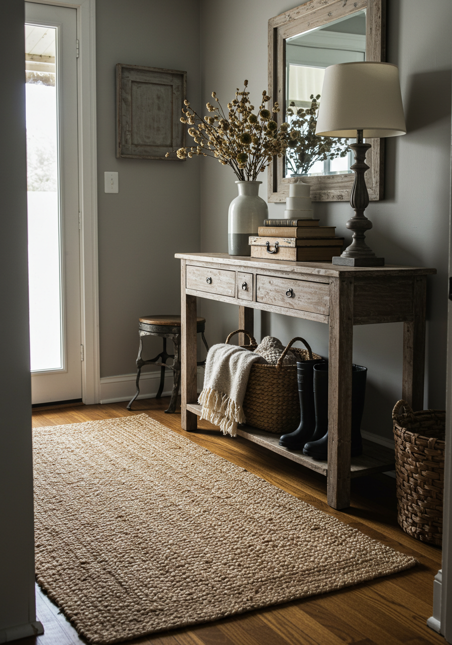 Narrow hallway with wooden console table, rug, and decorative items.