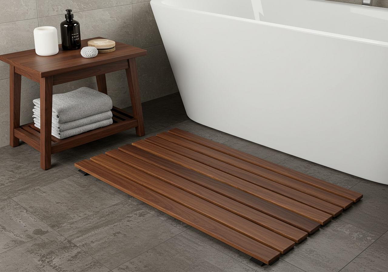 Moso Bamboo Bath and Sauna Mat in front of bathtub
