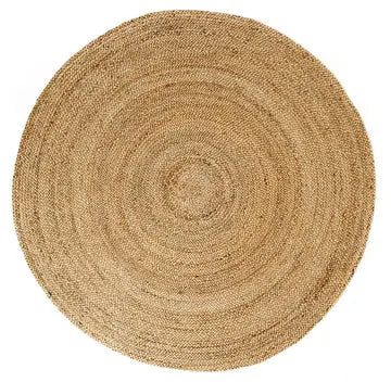 Round woven jute rug on a white background