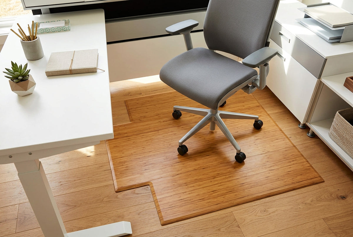 home office with white furniture, gray  rolling chair and natural bamboo chair mat with lips
