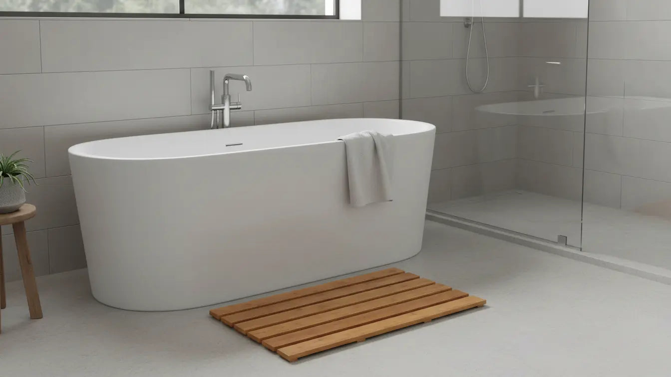 Modern bathroom with a freestanding bathtub, bamboo bath  mat, and shower area.