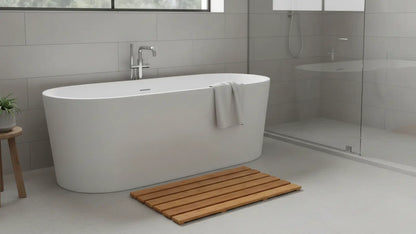 Modern bathroom with a freestanding bathtub, bamboo bath  mat, and shower area.