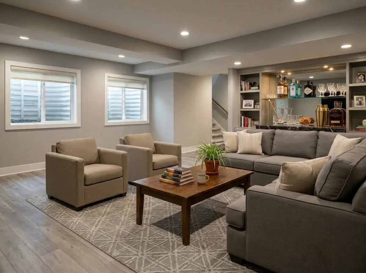 basement with bar, tan upholstered chairs and gray sectional 