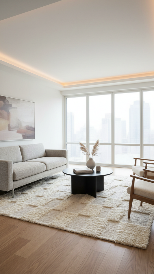 Modern living room with a gray sofa, coffee table, and large windows. on an ivory wool rug