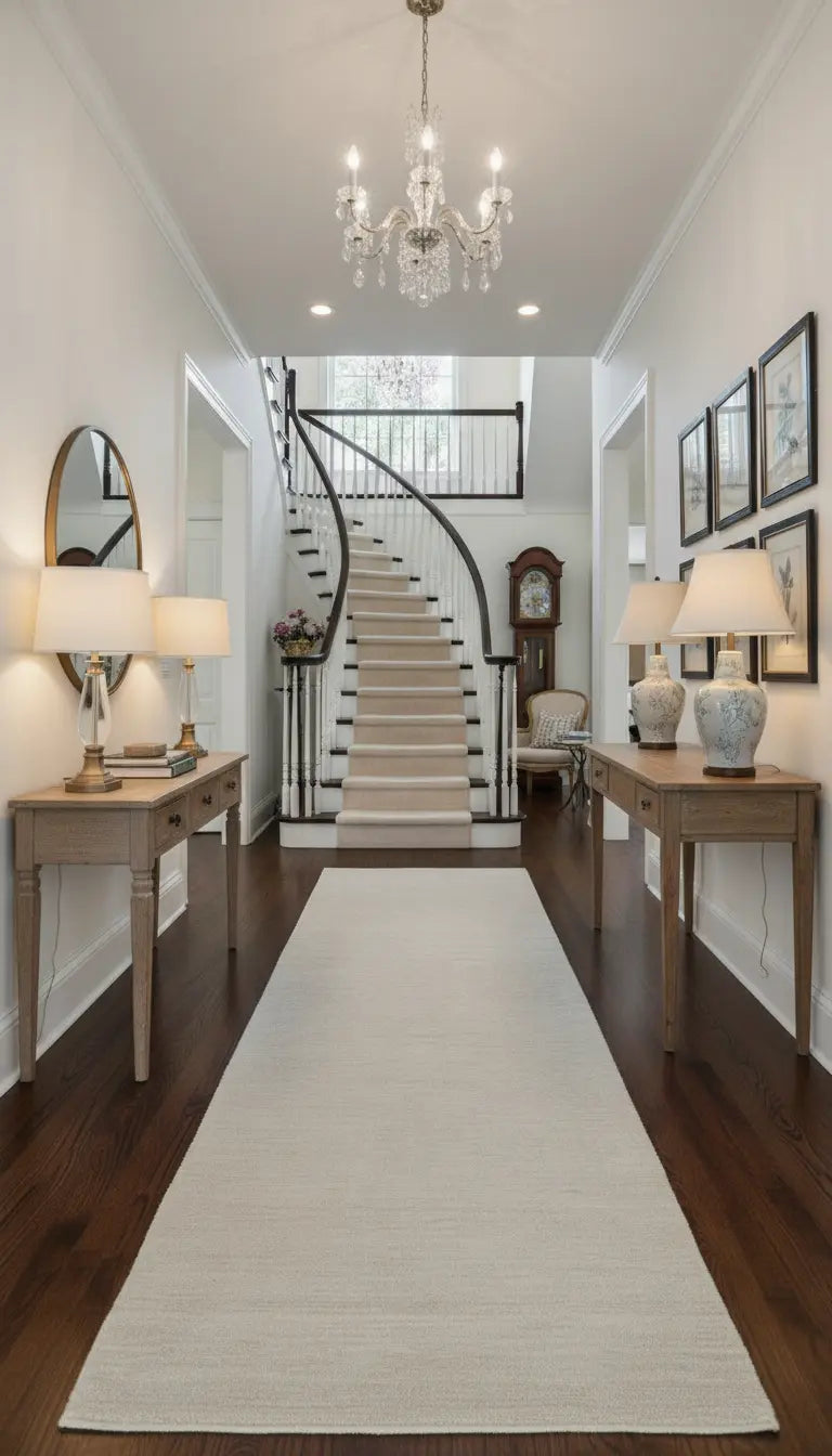 Foyer with staircase, lamps, and decorative items in a well-lit hallway.