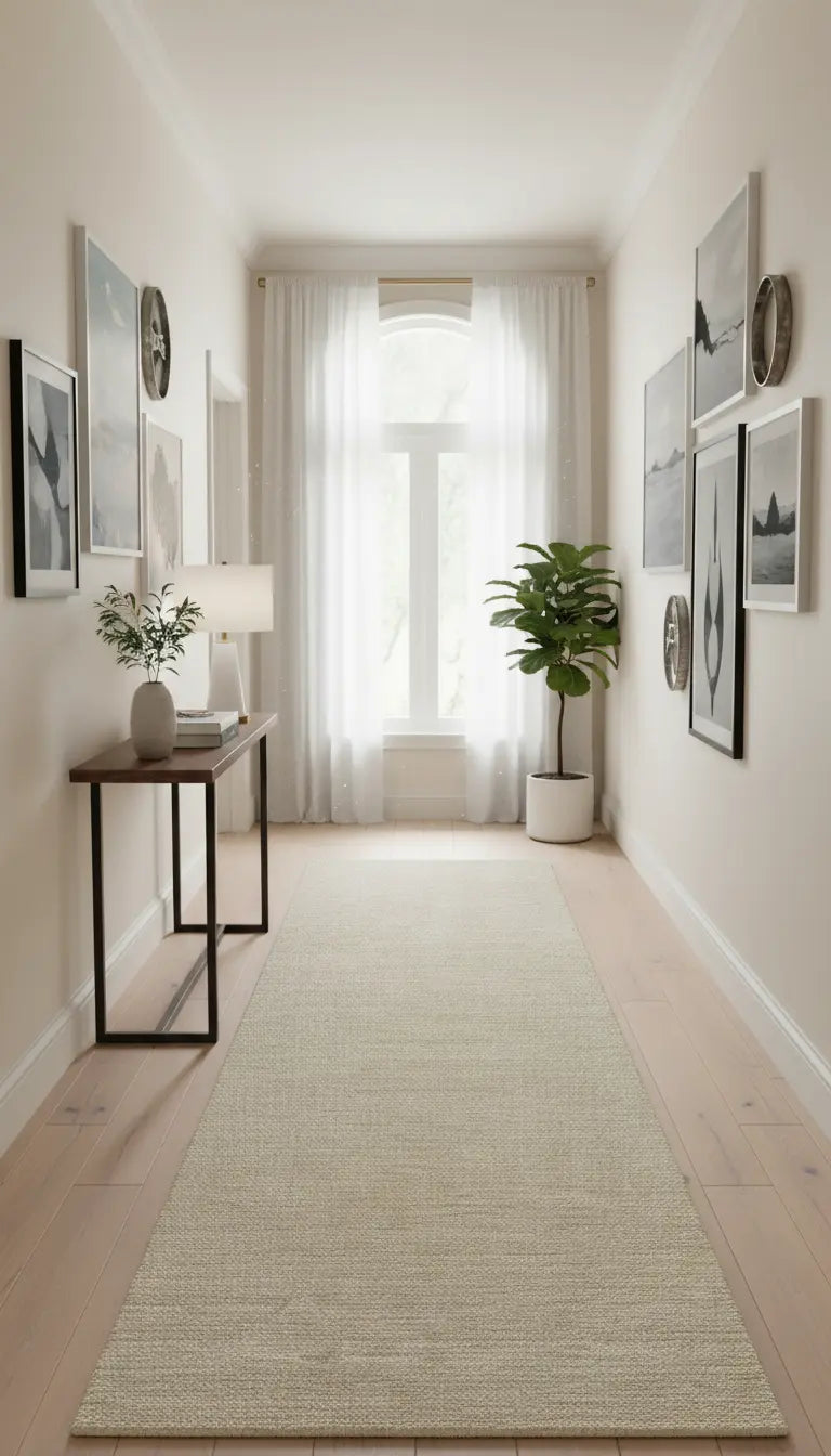Modern hallway with a rug, console table, and wall art