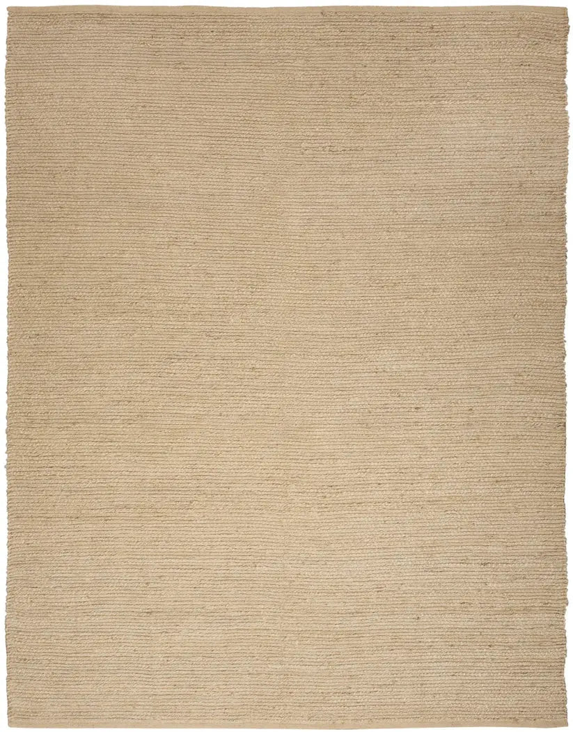 Beige jute area rug with a textured pattern on a white background