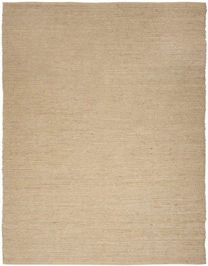 Beige jute area rug with a textured pattern on a white background