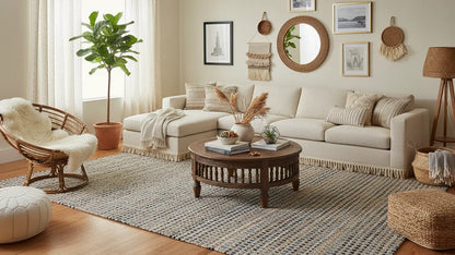 Cozy living room with beige sofa, wooden coffee table, decorative elements and blue and tan jute rug