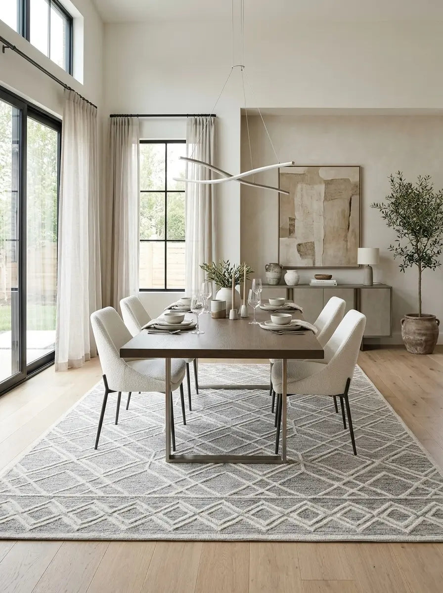 contemporary sunny dining room with ivory upholstered chairs, wood table and sand and ivory geometric rug