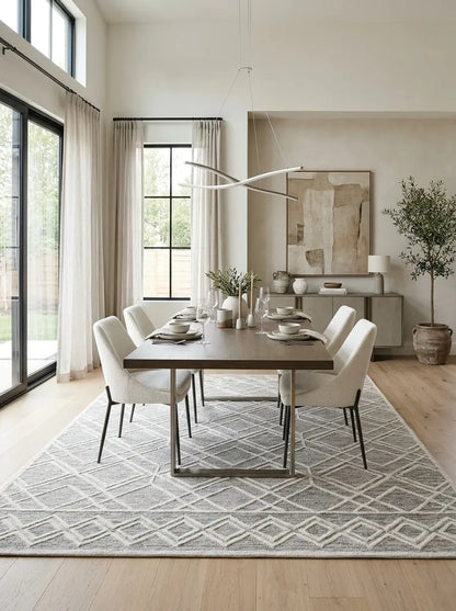 contemporary sunny dining room with ivory upholstered chairs, wood table and sand and ivory geometric rug