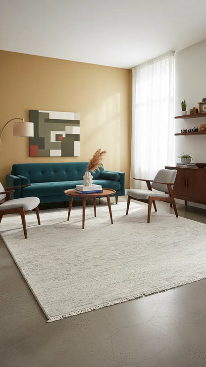 Modern living room with teal sofa, wooden coffee table, and gray wool rug with fringe