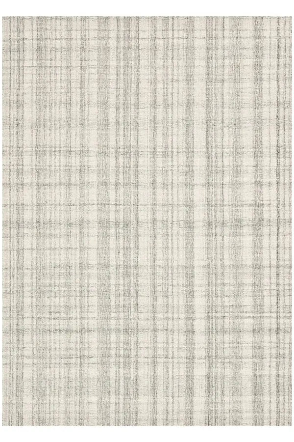 A square area rug with a distressed, textured plaid pattern in cream and light gray.