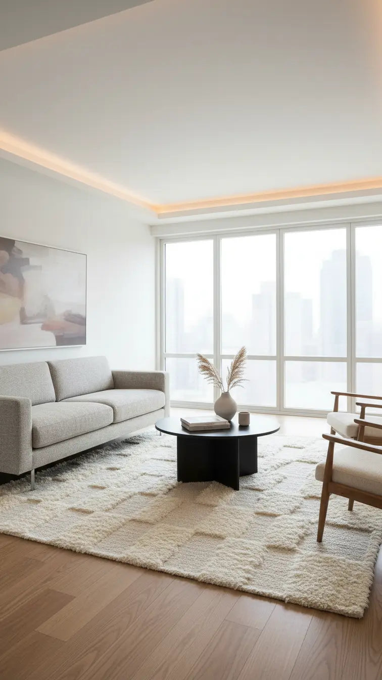 Modern living room with a gray sofa, coffee table, and large windows.