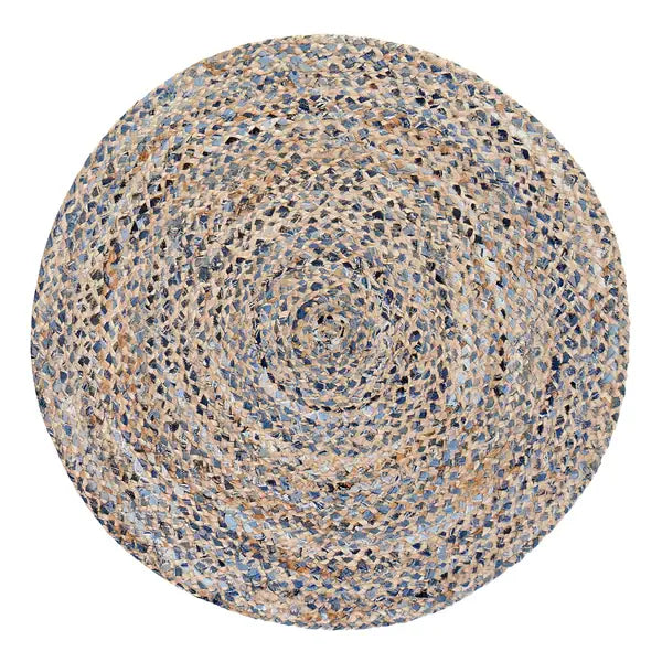 Round woven jute rug with a multicolor pattern on a white background