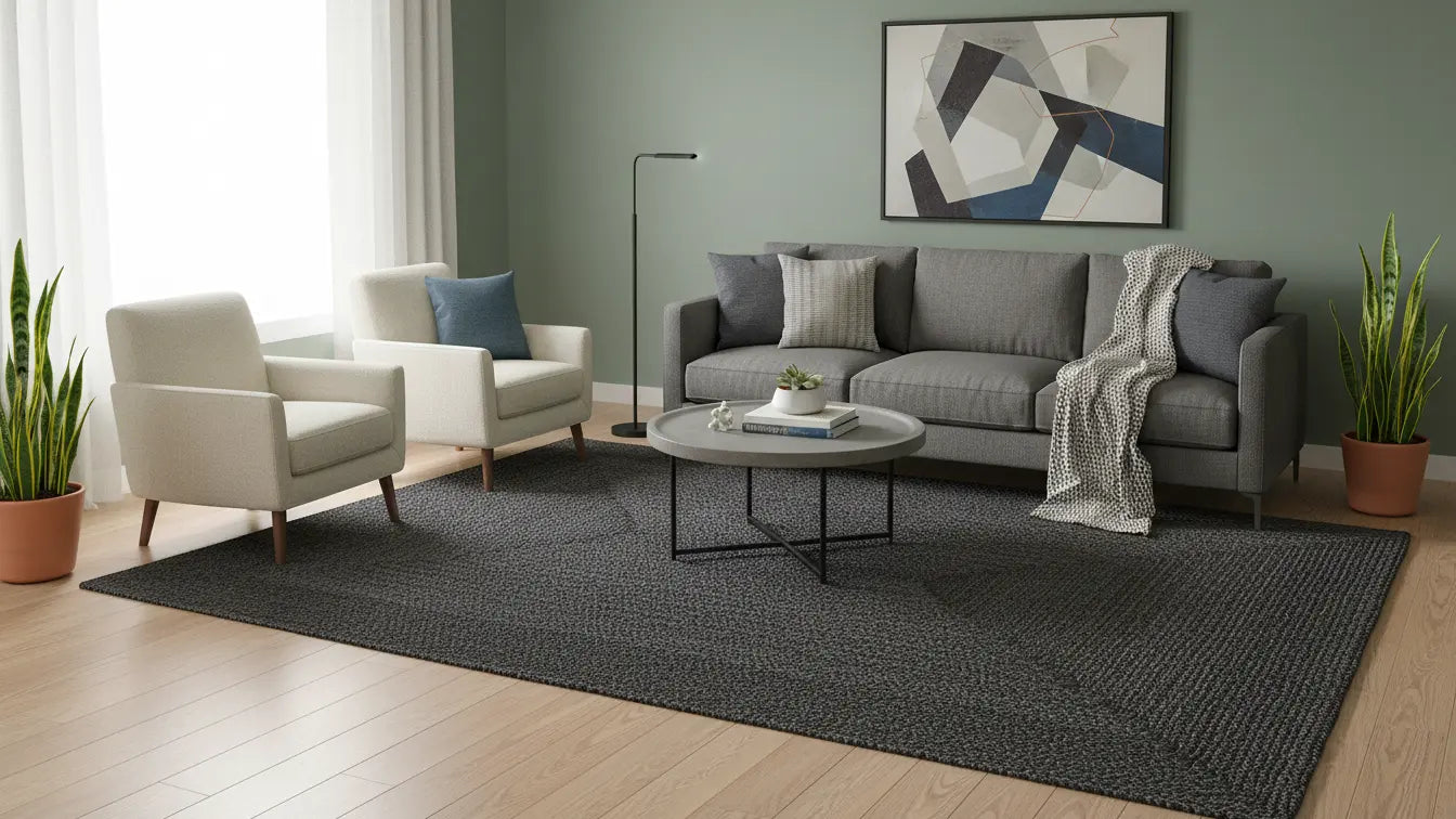 Modern living room with gray sofa, armchairs, and a coffee table on a dark gray jute rug.