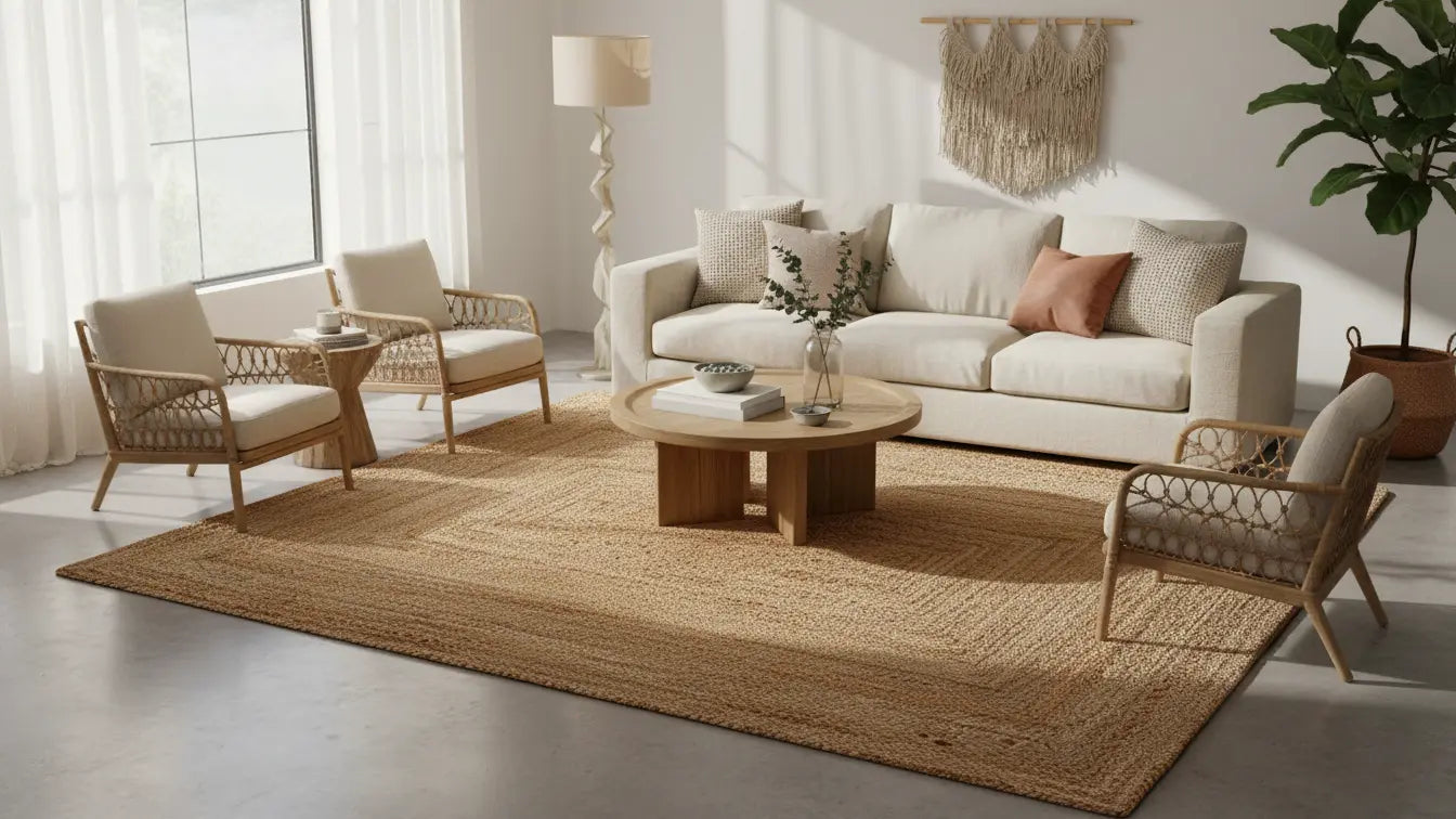 Modern living room with a beige sofa, wicker chairs, and a jute rug.