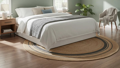 Bedroom with a bed, round woven rug, and wooden nightstands.