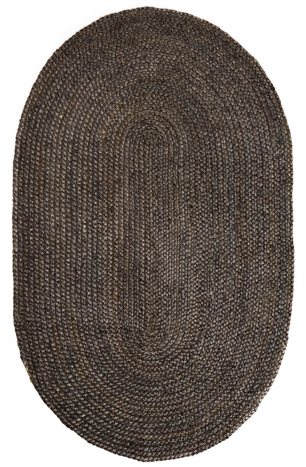 Oval gray  braided jute rug on a white background