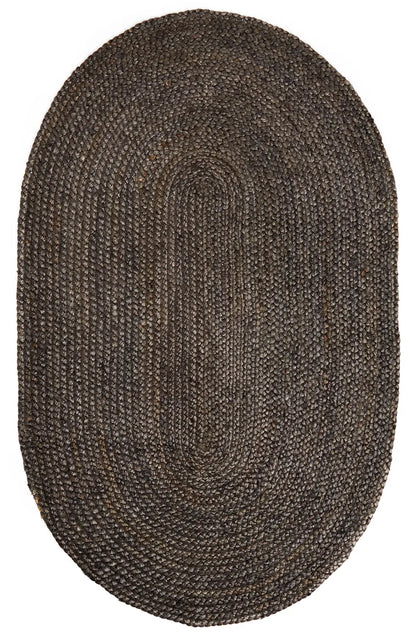Oval gray  braided jute rug on a white background