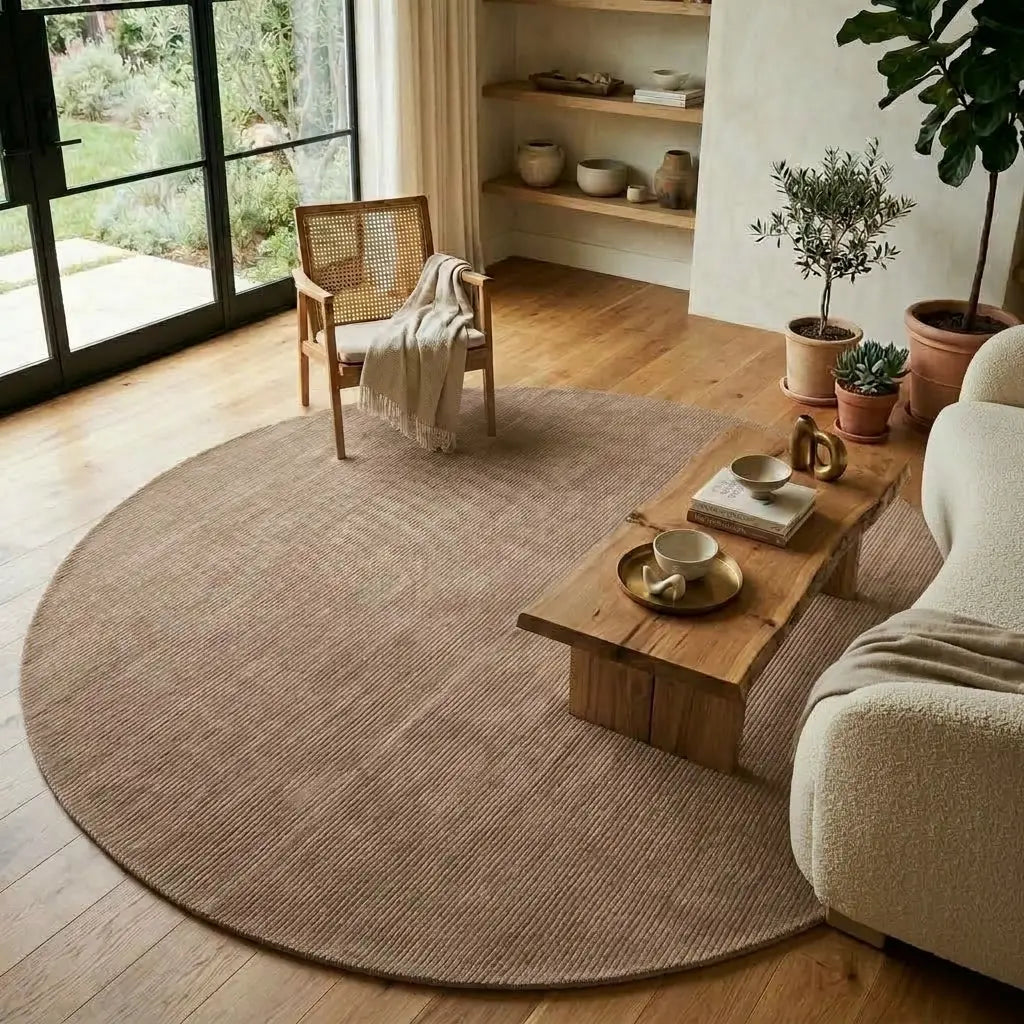 A large round natural fiber area rug in a warm taupe-brown color, styled in a bright, modern living room with a wooden coffee table, a woven armchair, and potted plants.