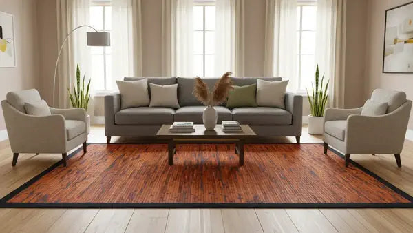 sunny high end living room with dark bamboo rug