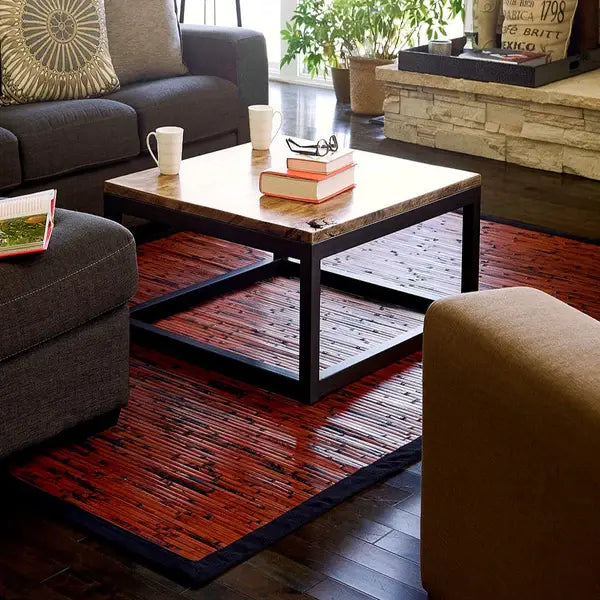 tight living room shot with coffee table on dark bamboo rug