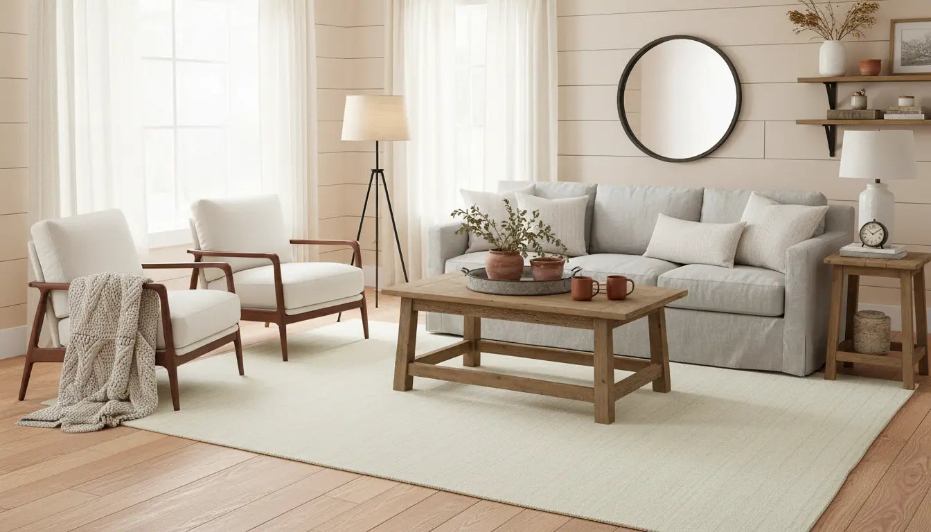 Living room with gray sofa, wooden coffee table, and white chairs.