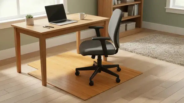 Wooden desk with a laptop, chair on bamboo chair mat and office supplies in a home office 