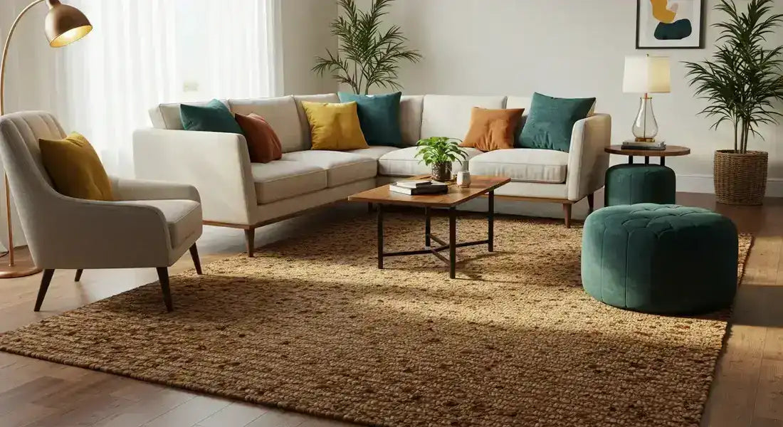 Modern living room with a sectional sofa, armchair, and decorative items.