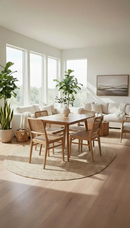 Modern living room with a dining table and chairs, large windows, and indoor plants.