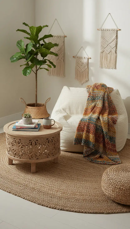Living room with a white sofa, decorative plant, and patterned wall hangings.