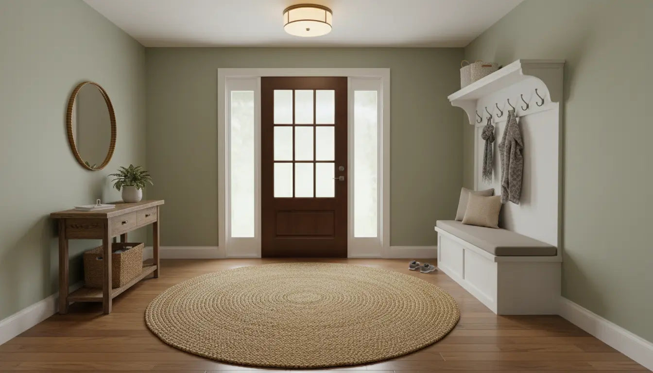 Entryway with wooden door, round rug, and bench with coat hooks.